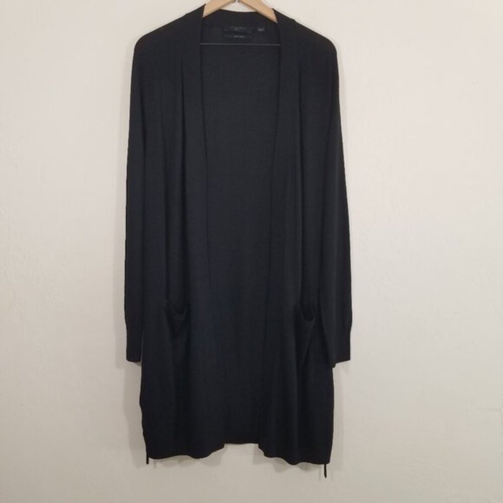 Like New All Saints 100% Merino Wool Long Cardigan Lace Up Side Goth with Pocket